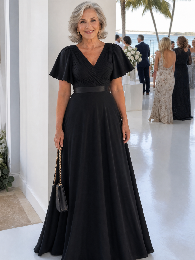 Mige | Short Flutter Sleeve Defined Waist Maxi Dress